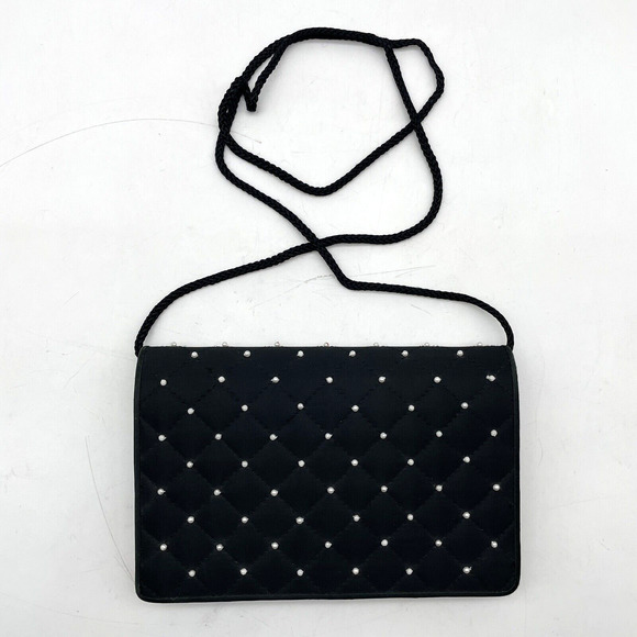 EUC Vintage Robinsons Crossbody Quilted Black Satin and Pearl Beaded Purse 8"x5" - Picture 1 of 14